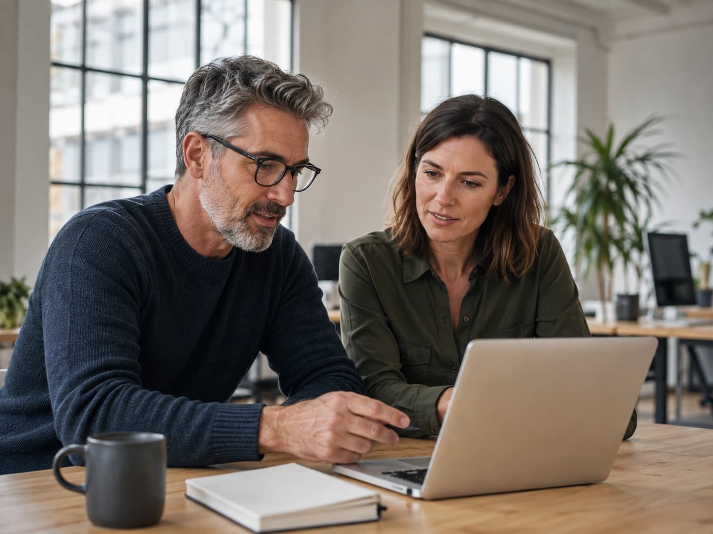Two people reviewing a project together on a laptop.