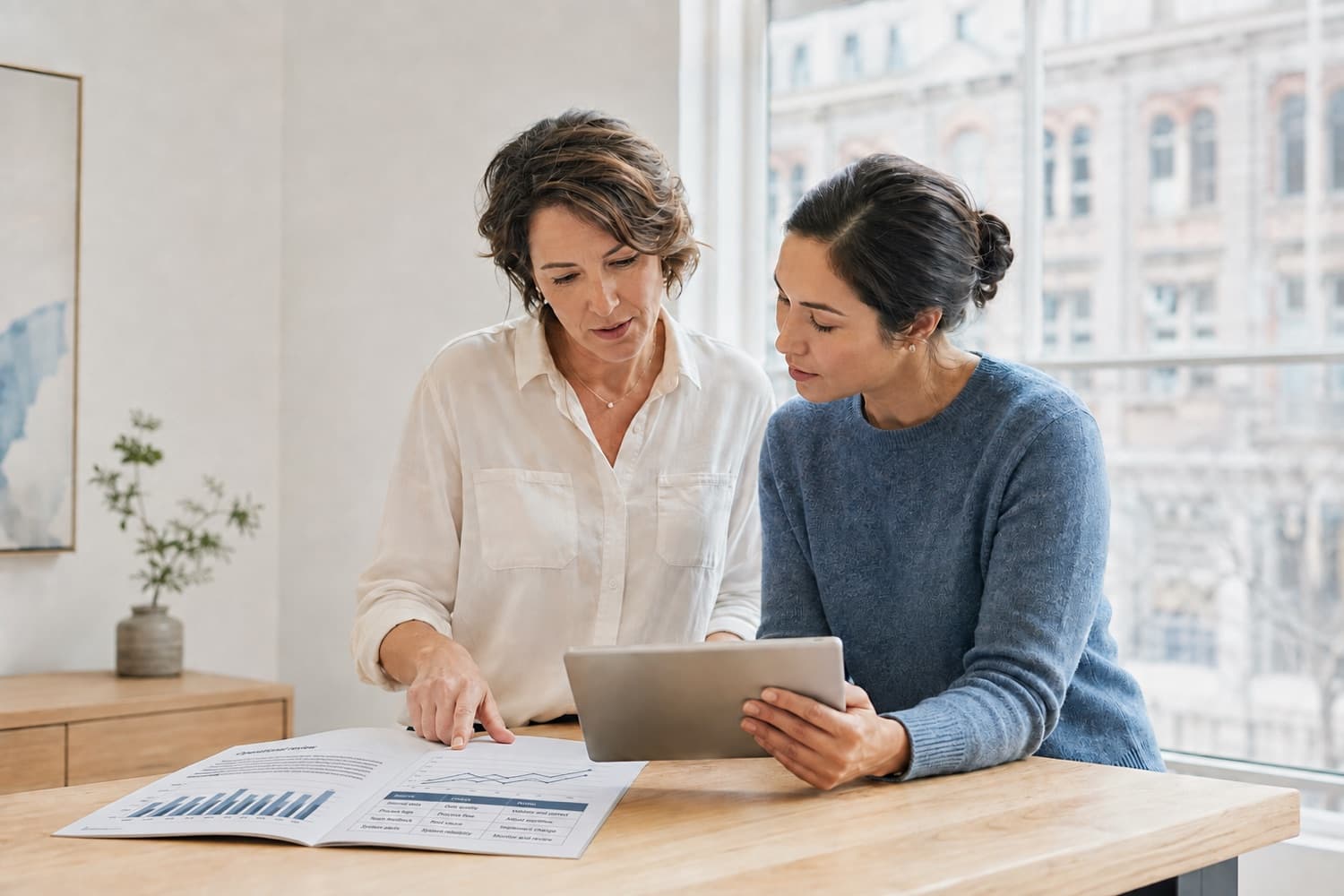 Two colleagues comparing a tablet with a report while reviewing the next decision. Illustrative photograph.