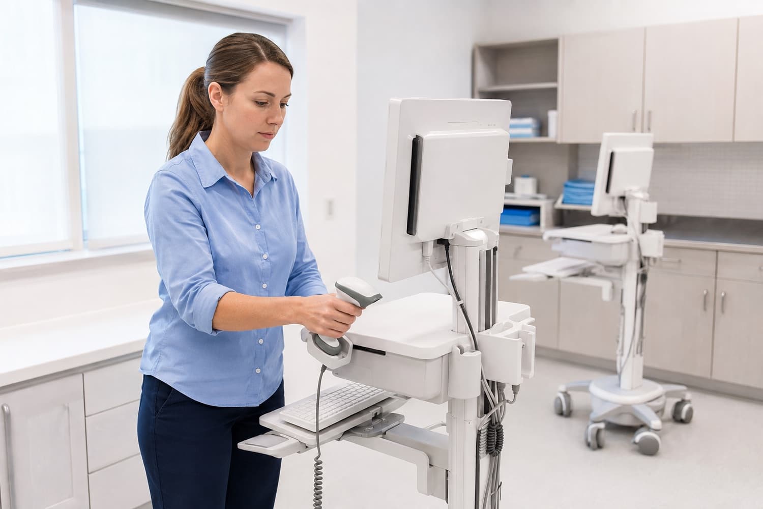 A healthcare technician checking a scanner beside a clinical workstation. Illustrative photograph.