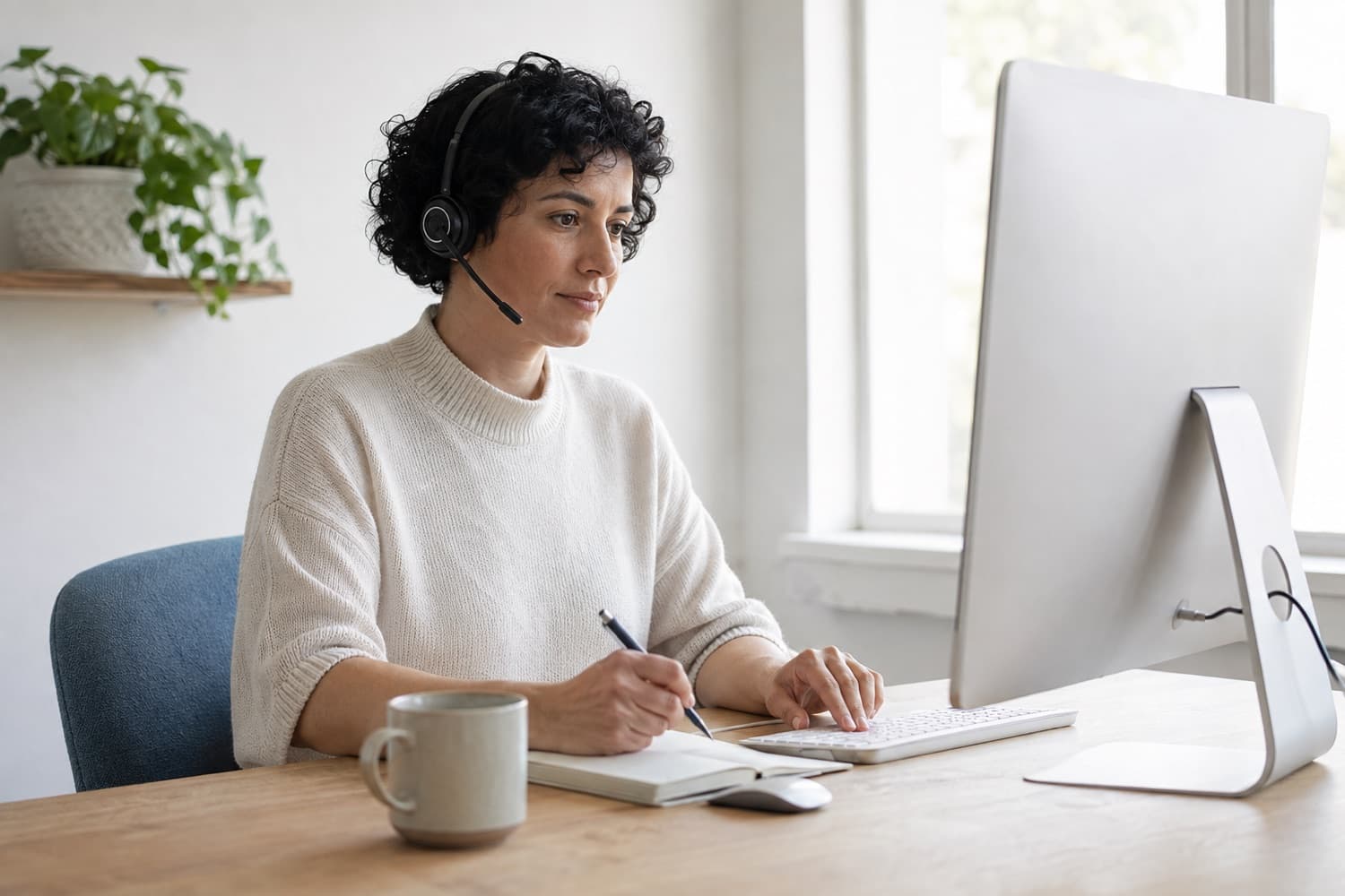 A support specialist reviewing work at a computer while taking notes. Illustrative photograph.