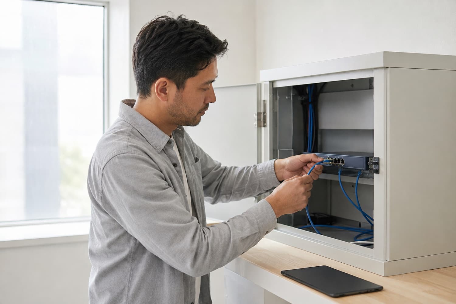 A technician connecting a network cable in an equipment cabinet. Illustrative photograph.