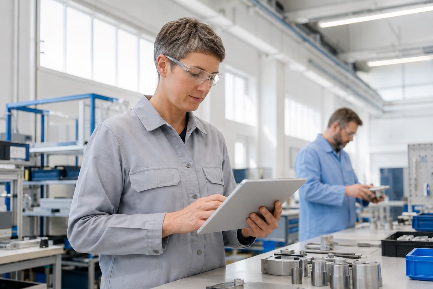 A technician reviewing a tablet beside manufacturing equipment. Illustrative photograph.