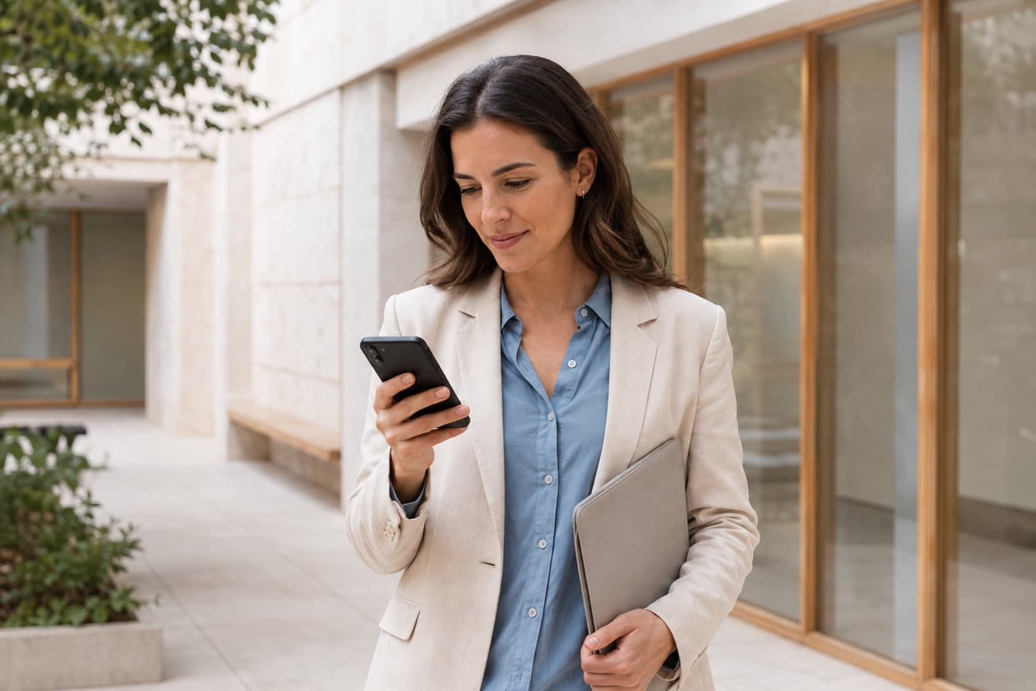A professional using a phone outside an office, showing a mobile experience in everyday use. Illustrative photograph.
