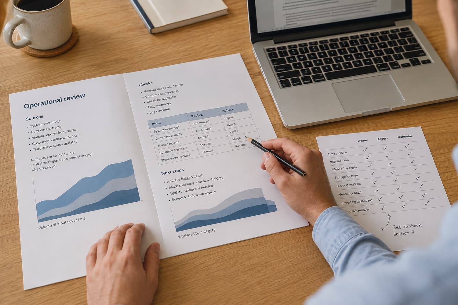 A person reviewing an operational report and ownership checklist beside a laptop. Illustrative photograph.