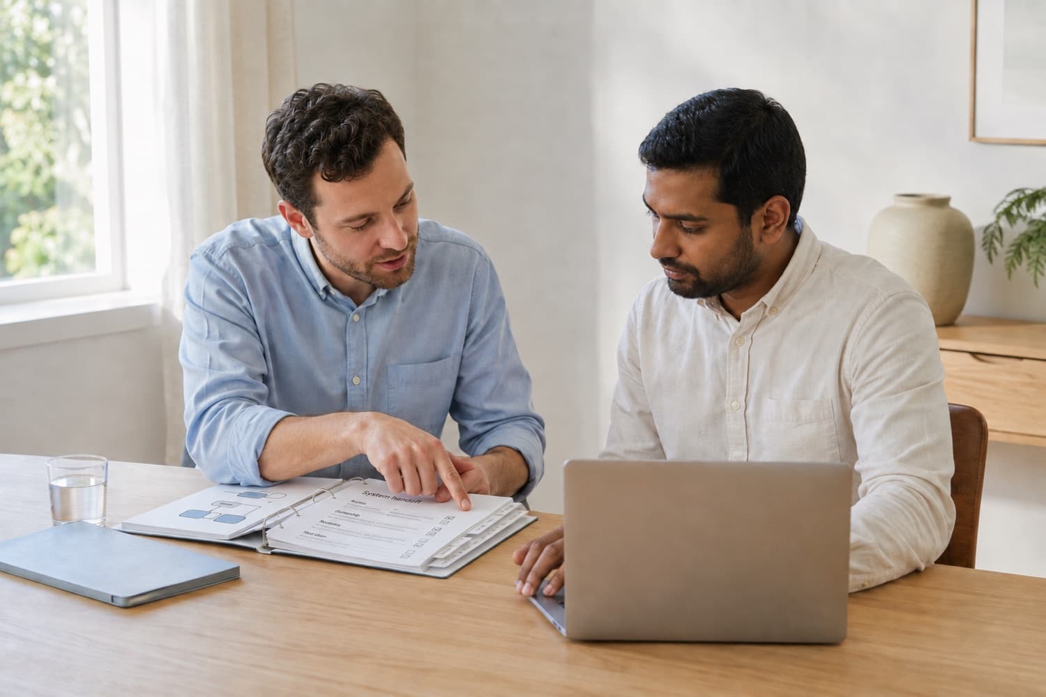 Two colleagues reviewing a system handoff checklist and diagram beside a laptop. Illustrative photograph.