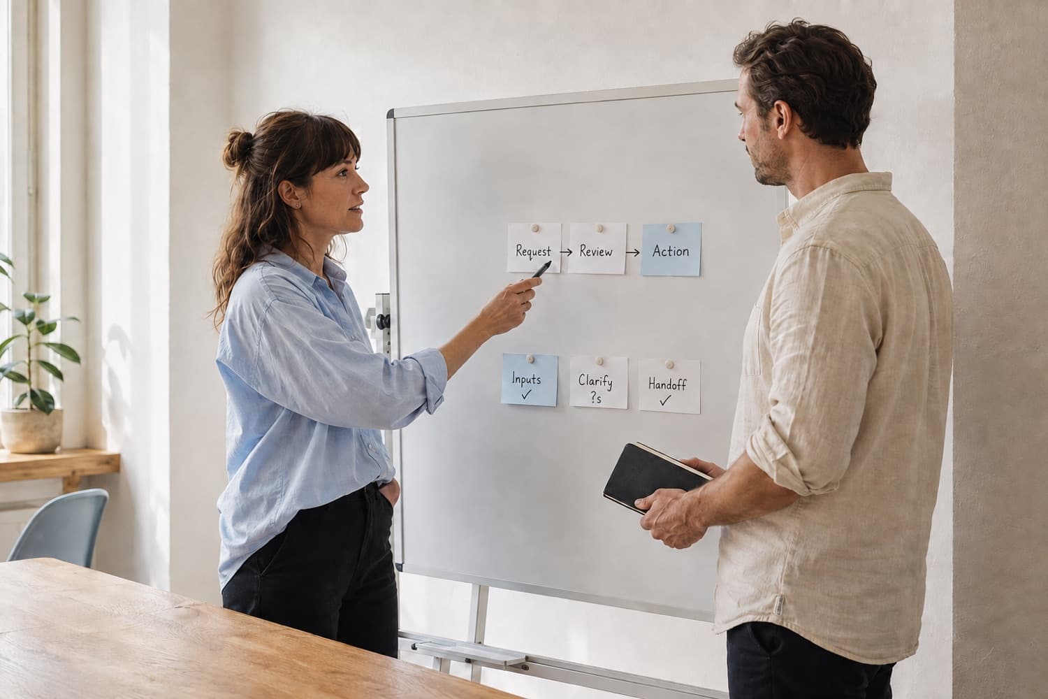 Two colleagues mapping a clearer request and review workflow. Illustrative photograph.