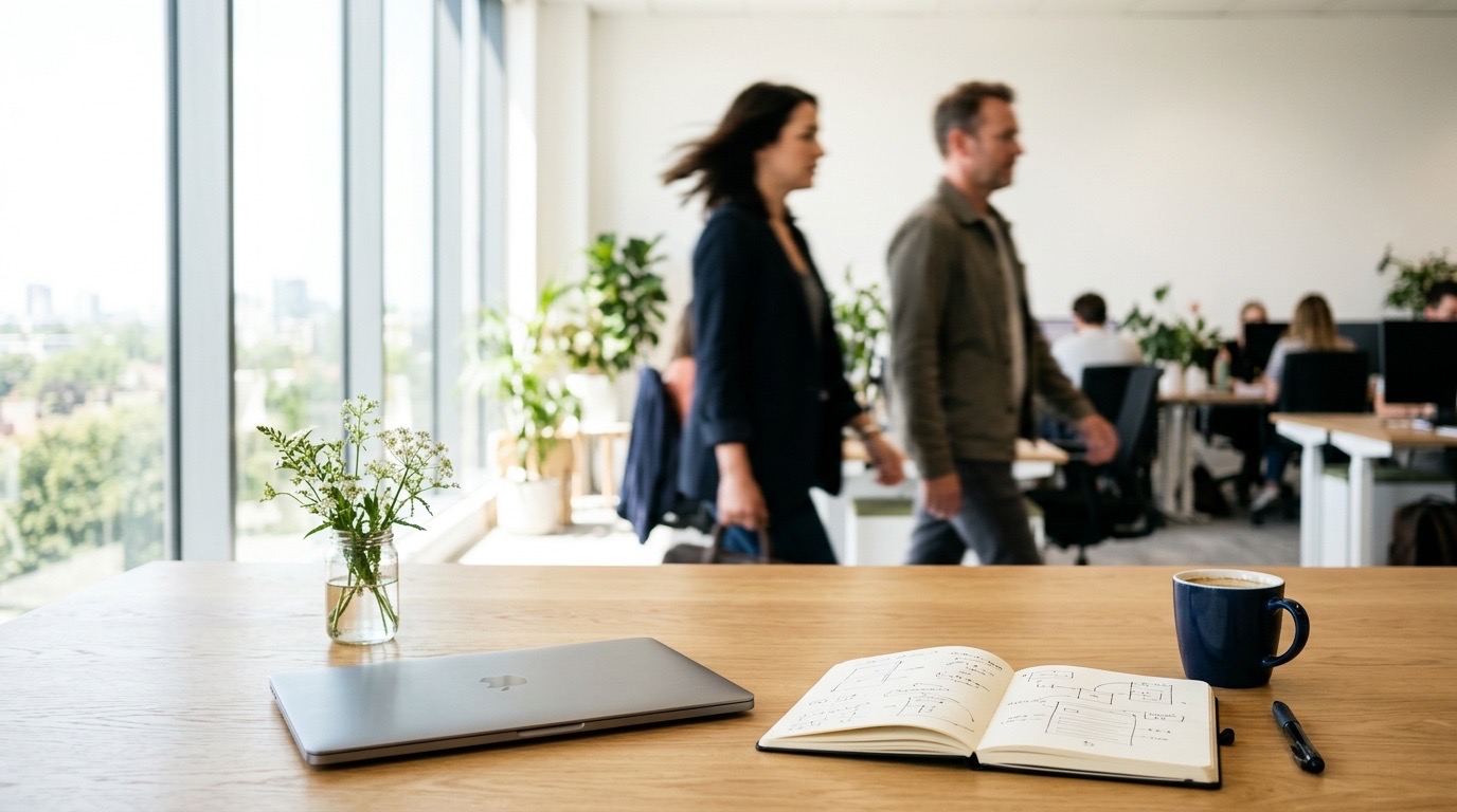 Two colleagues walking through a bright office behind a desk with a laptop and notebook.