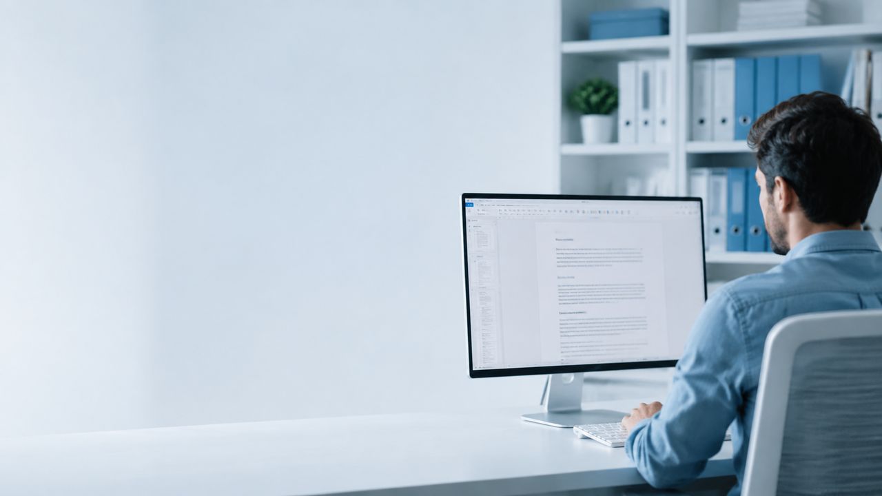 A person works at a computer in a bright workspace, viewed from behind.