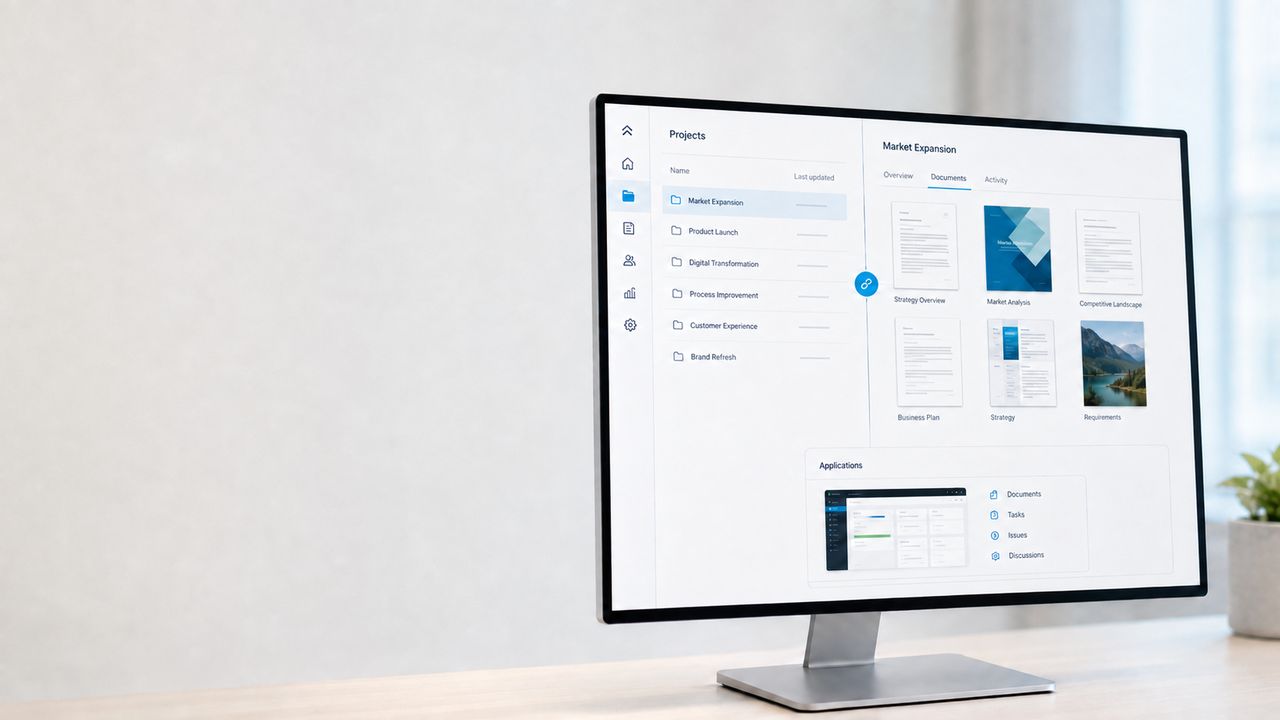 A shared business application brings projects, documents and connected applications into one view.
