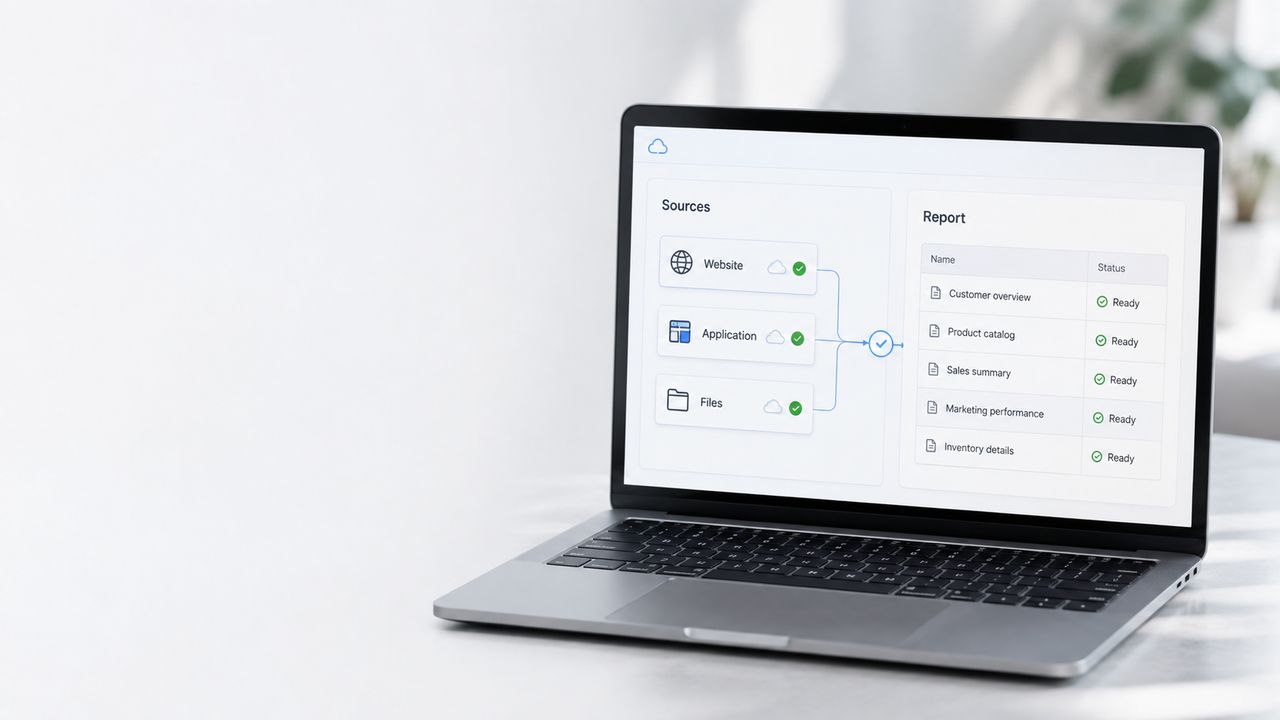 A laptop shows cloud-connected website, application and file sources feeding organized reports, representing data and cloud services.